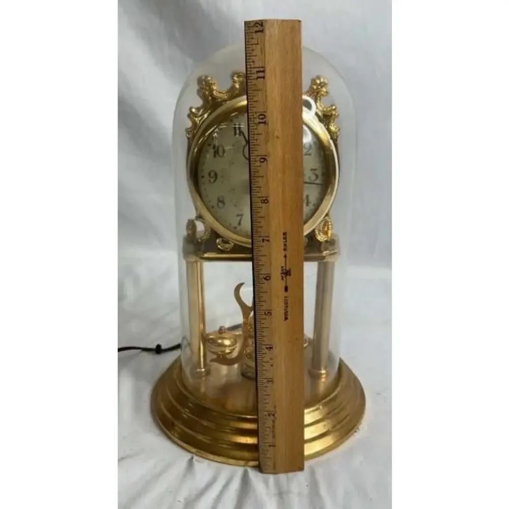 Vintage United Model 975 Brass Anniversary Clock w/ Glass Dome Works - Rare